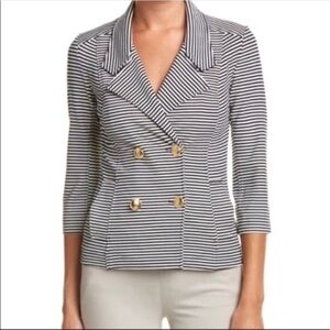CAbi Striped Navy White Double-Breasted Blazer w/ Nautical Brass Buttons, Medium